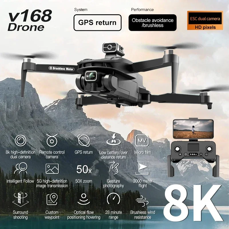 New V168 Drone Professinal Three Camera 8K Wide Angle Optical GPS Localization Four-way Obstacle Avoidance Quadcopter For XIAOMI Discounts and Cashback